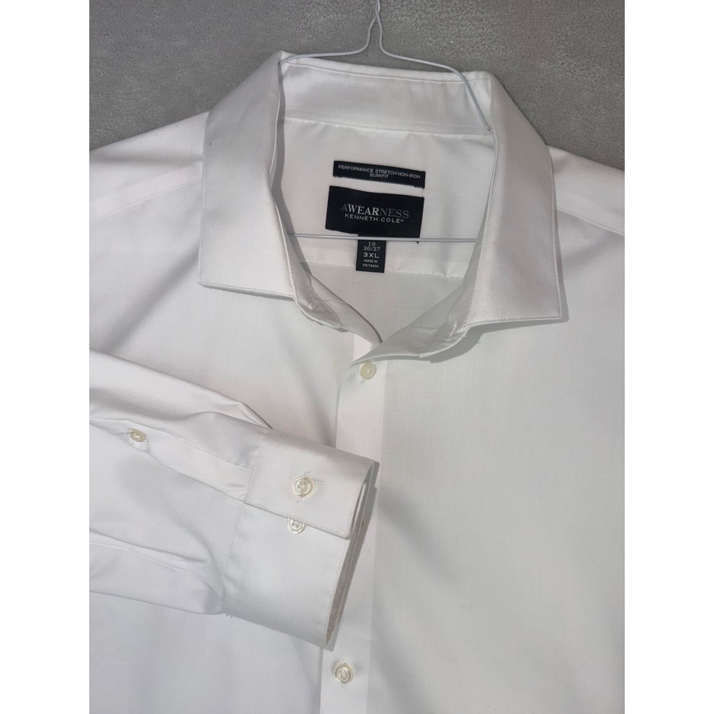 Awearness Kenneth Cole Mens 3XL 19X36/37 Slim Fit White Non-Iron Stretch Shirt